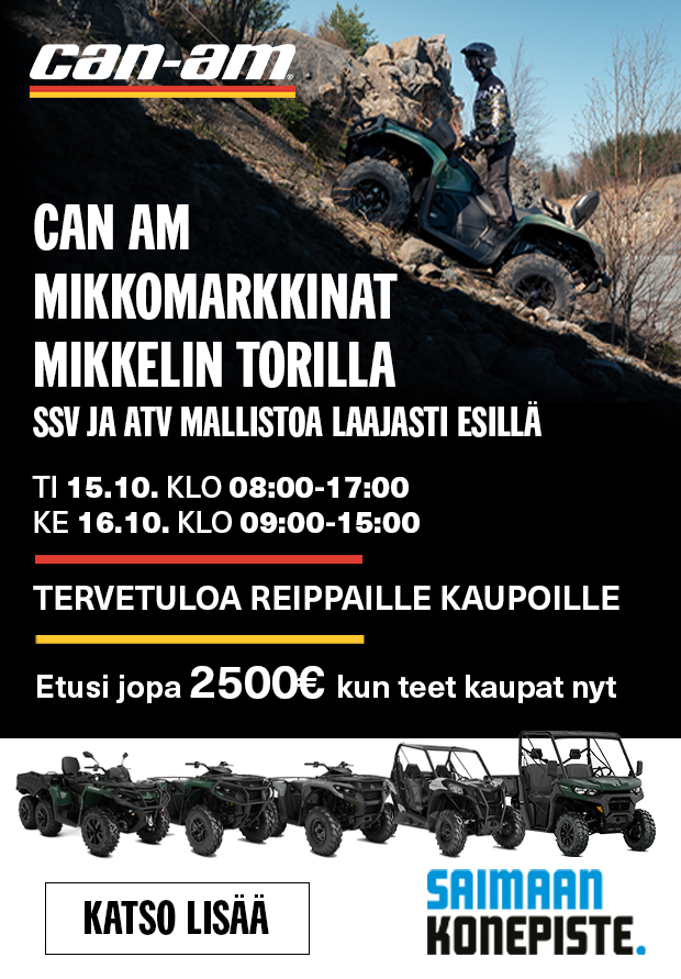 Olemme malliston kanssa esillä Mikkelin perinteisillä Mikkomarkkinoilla. Myyjämme auttaa oikean mönkijän ostossa paikanpäällä.